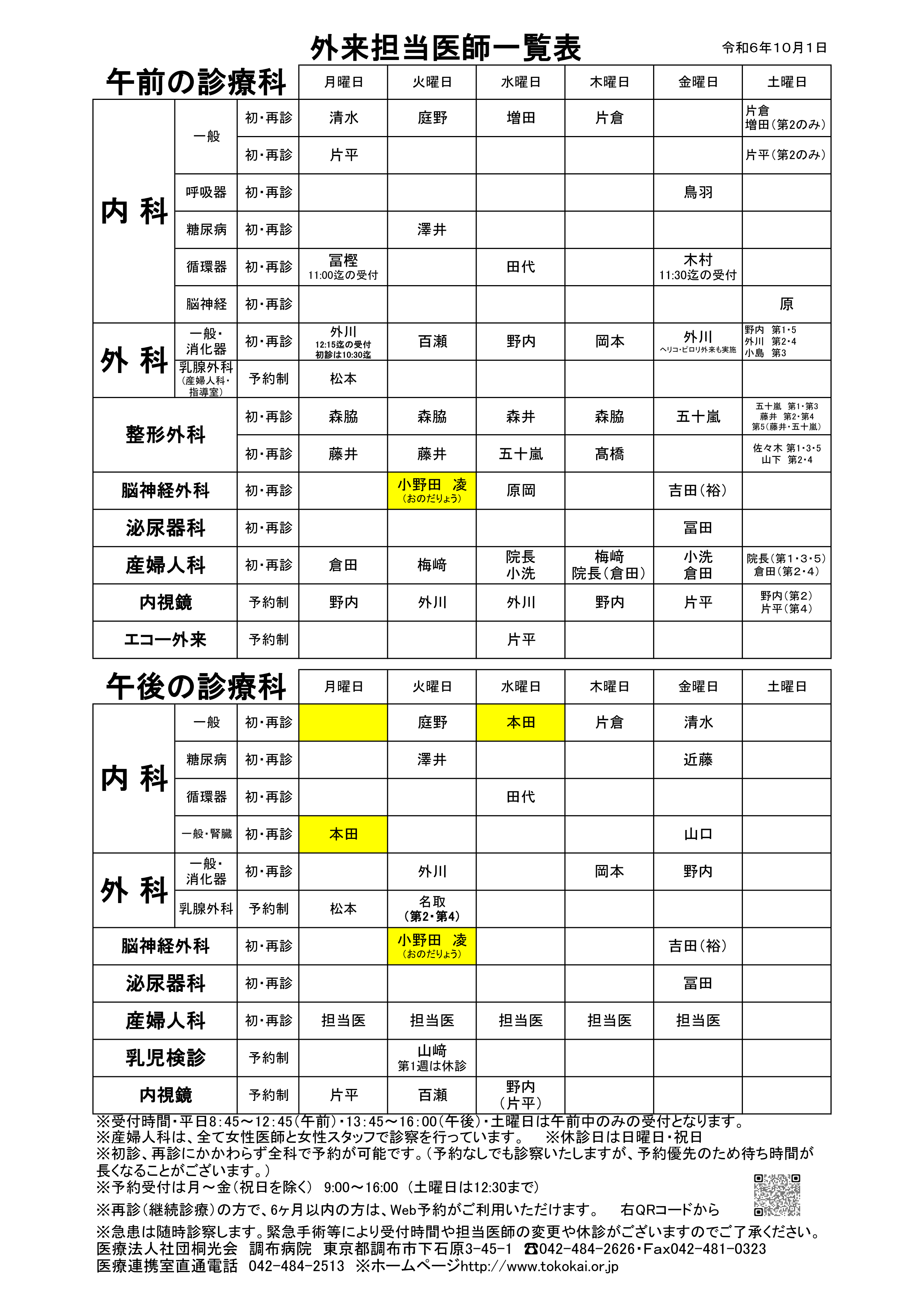 外来診療担当医一覧表