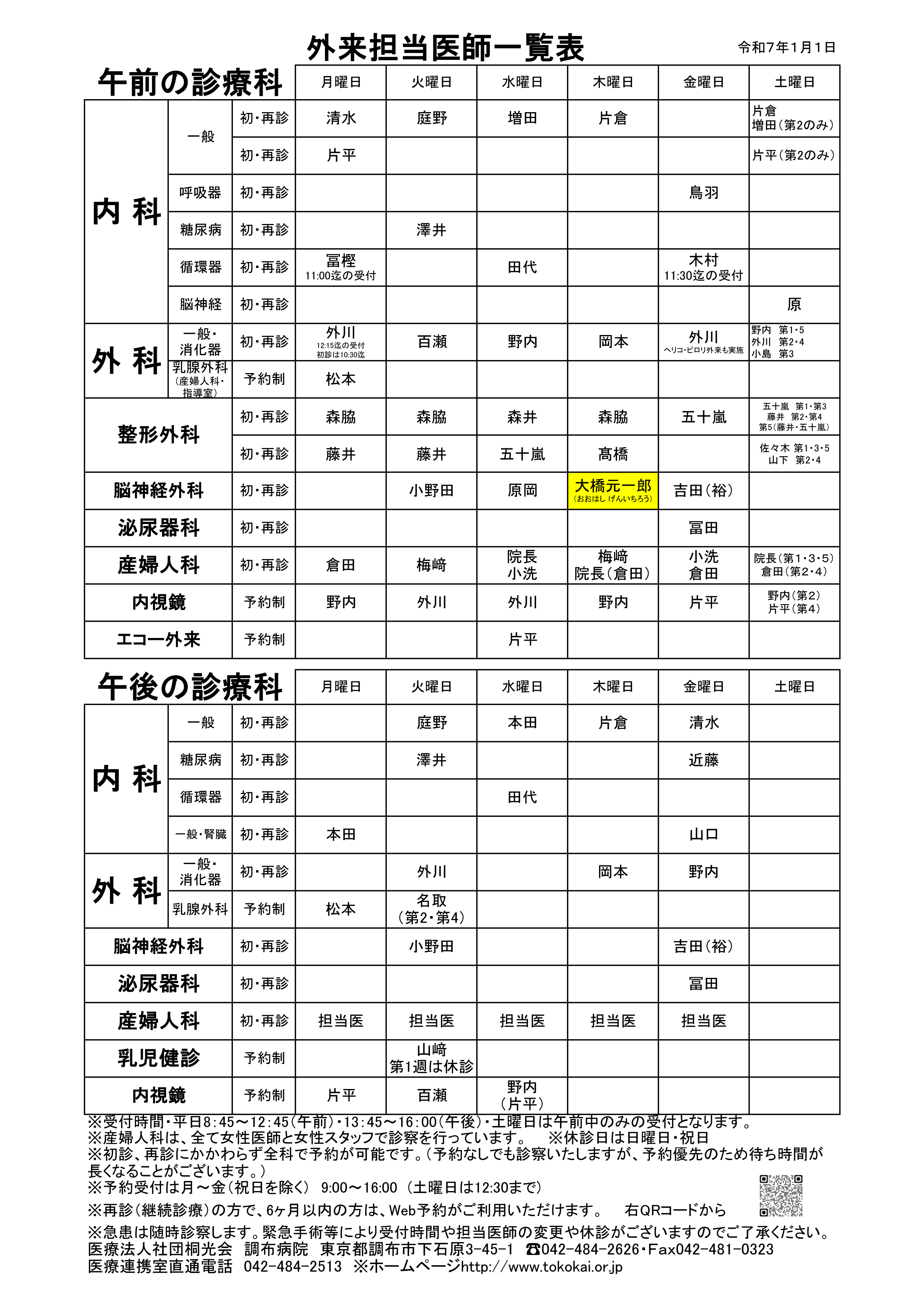 外来診療担当医一覧表